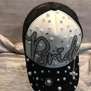 Black and White Bride Cap with Pearl Accents